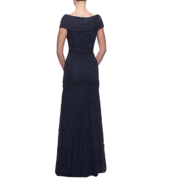 NEW LA FEMME Navy PORTRAIT NECK Ruched Waist SPARKLE LACE Trumpet EVENING GOWN 8 - Picture 9 of 16